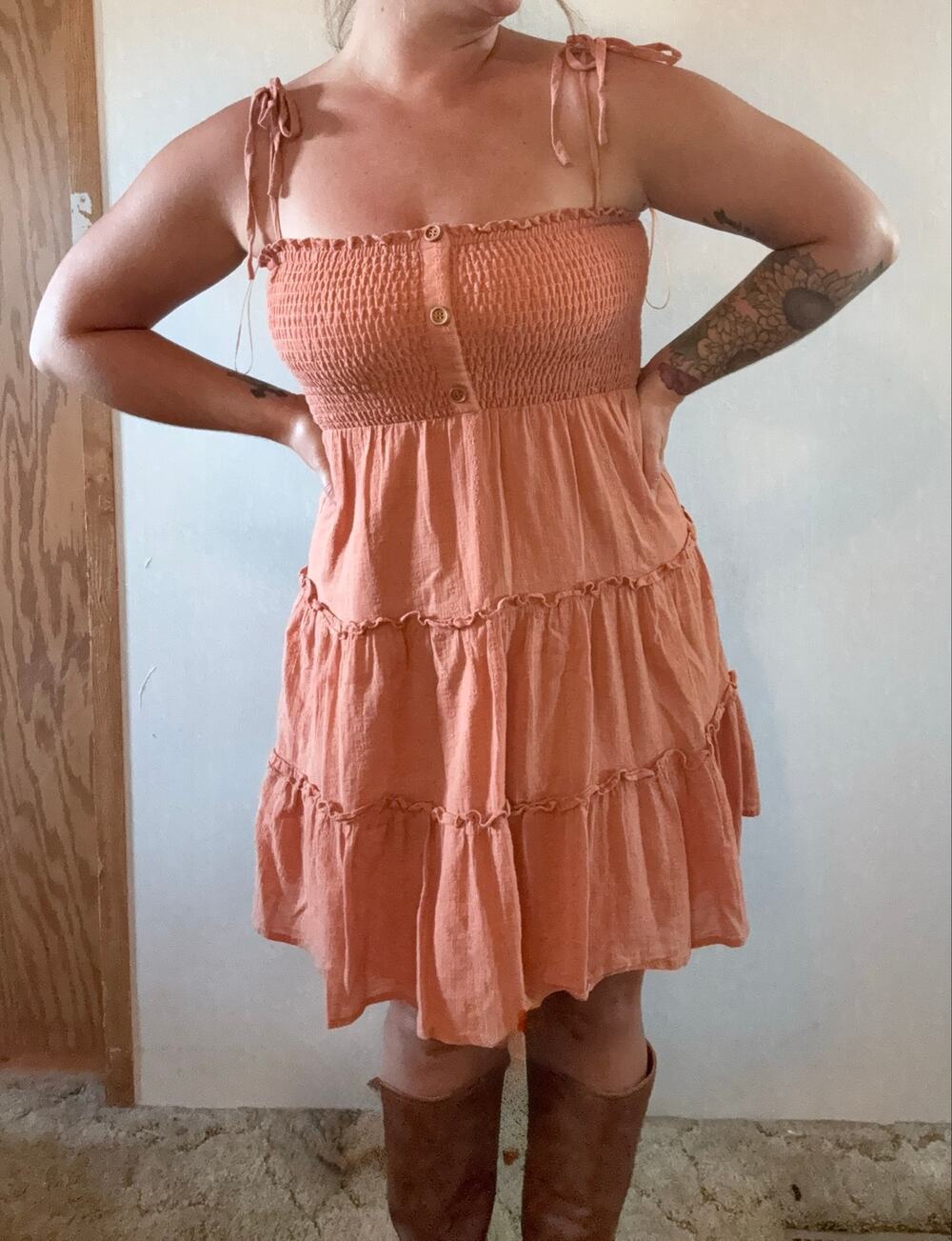 Altar'd State Coral Smocked Tiered Mini Dress Medium Tie Strap Boho